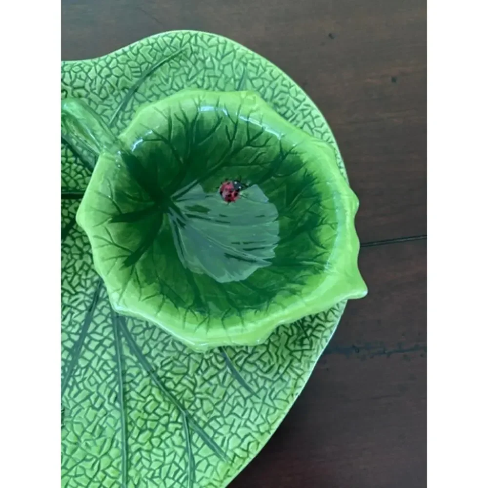 Pier 1 Ladybug Leaf Serving Tray Bowl Set Hand Painted Earthenware 3 Pc